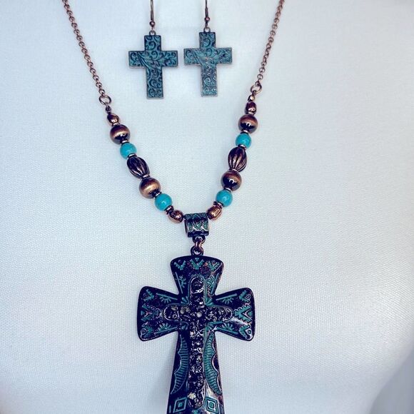 Western Cross Pendant Necklace and Earring Set - Picture 1 of 10